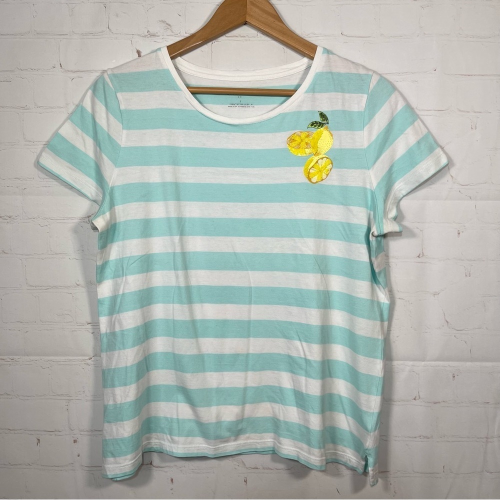 Talbots T Shirt Womens Size Medium Striped Round Neck Embroidered Fruit